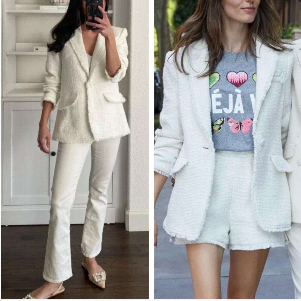 BEST NWT Cinq a Sept Khloe Boucle Blazer Gardenia Ivory White Tweed Casual 0/2/4